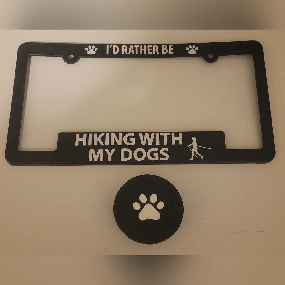 Hiking With Dogs Vehicle License Plate Frame And Pawprint Cup Holder Coasters